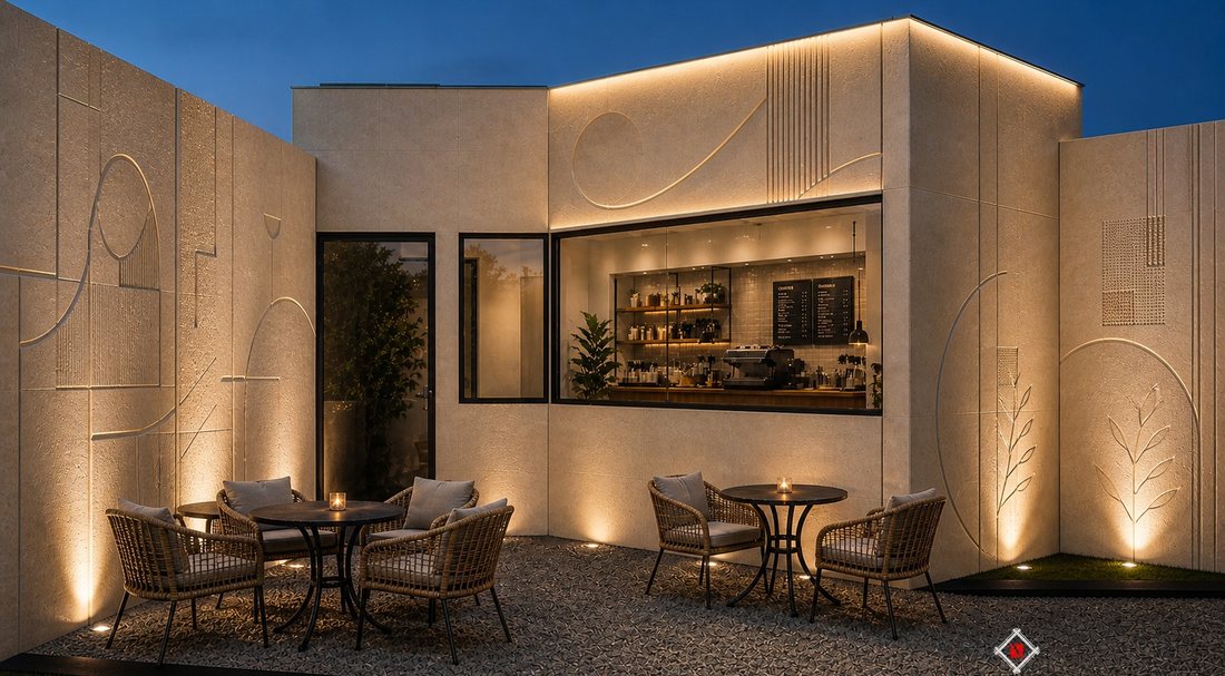 Render of the courtside beverage counter at dusk