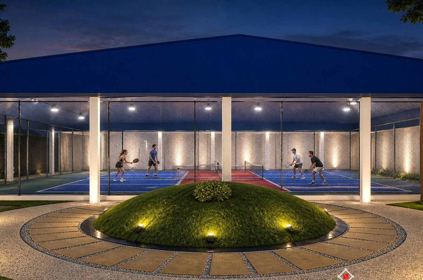 Render of the covered pickleball courts at night