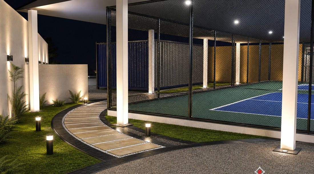 Render of the lit walkway leading to the courts
